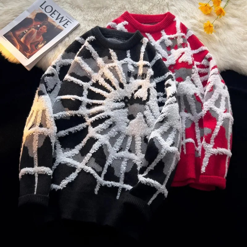 Style American Spider Jacquard Round Neck Sweater For Men Women Autumn/winter Casual Trendy Oversize Knitted Top 240821