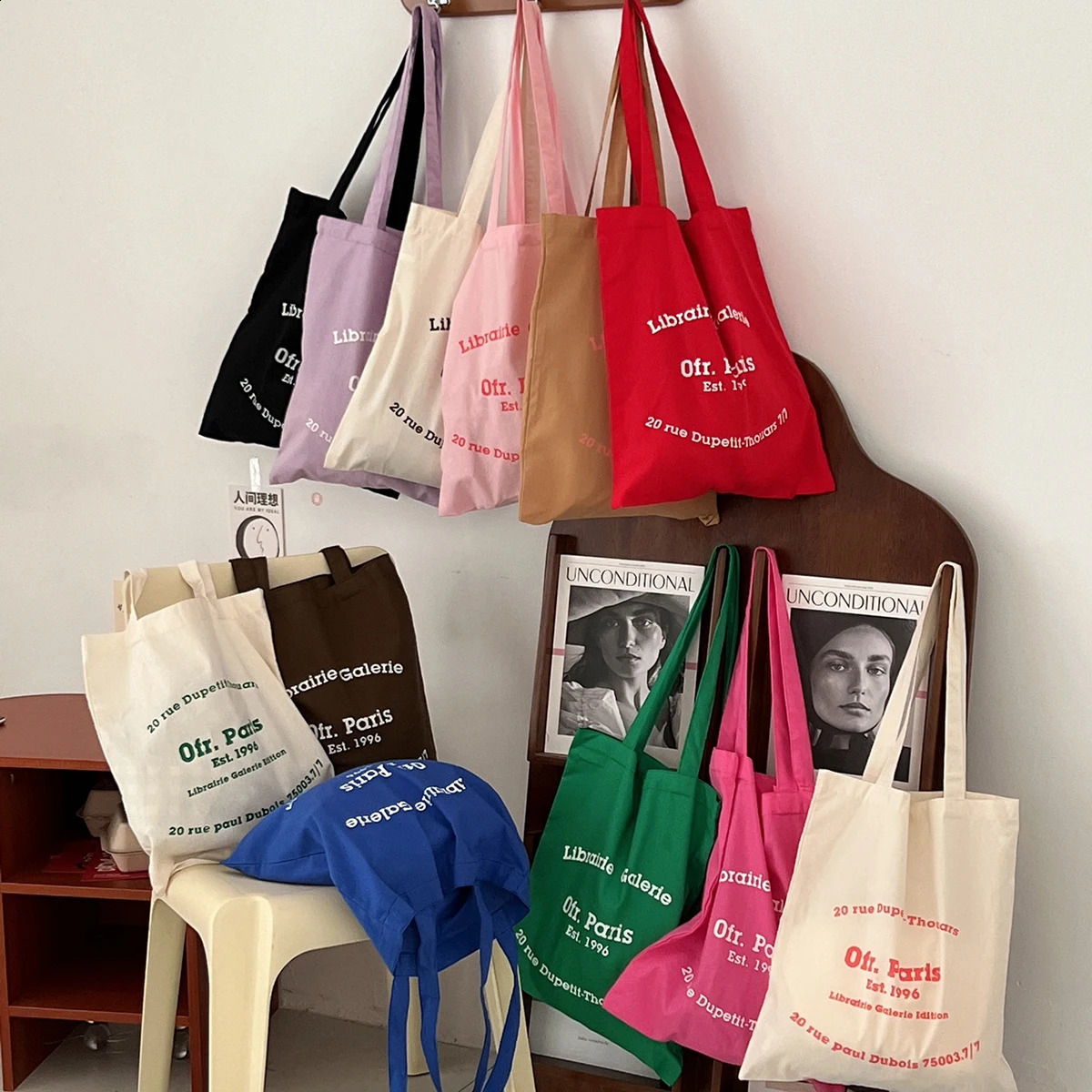 Women Canvas Shoulder Bag Paris Letter Print Ladies Casual Handbag Tote Bag Reusable Large Capacity Cotton Shopping Beach Bag 240821