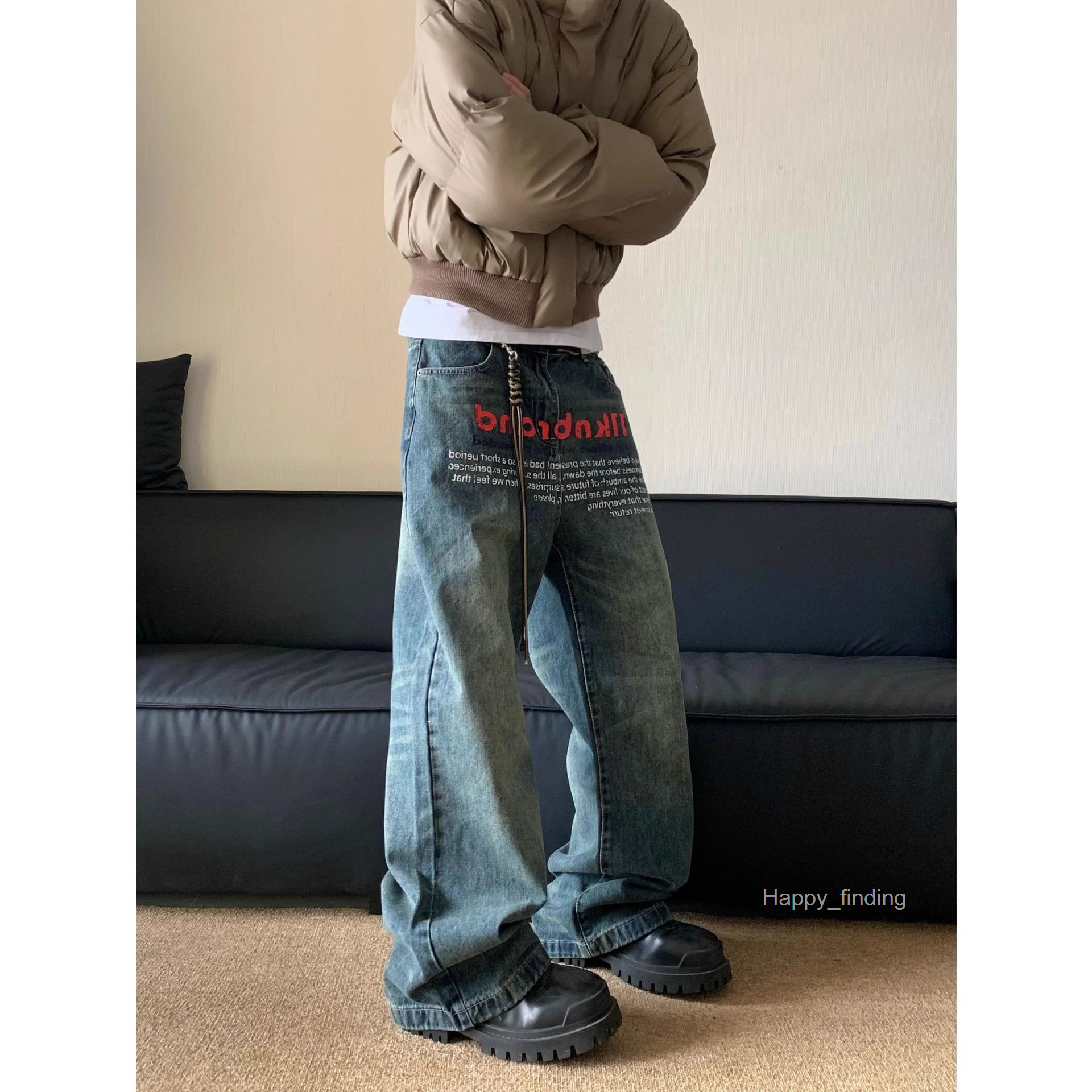American Washed Vintage Printed Jeans Trendy Mens Spring New Style Loose Design Straight Leg Pants