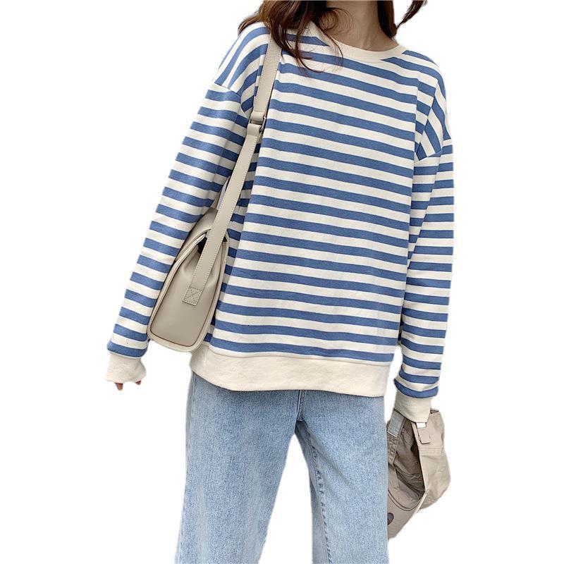 Autumn New Korean Student Striped Long Sleeve Hoodie Women's Round Neck Thin Loose and Slim BF Style Top dongdumaoyi
