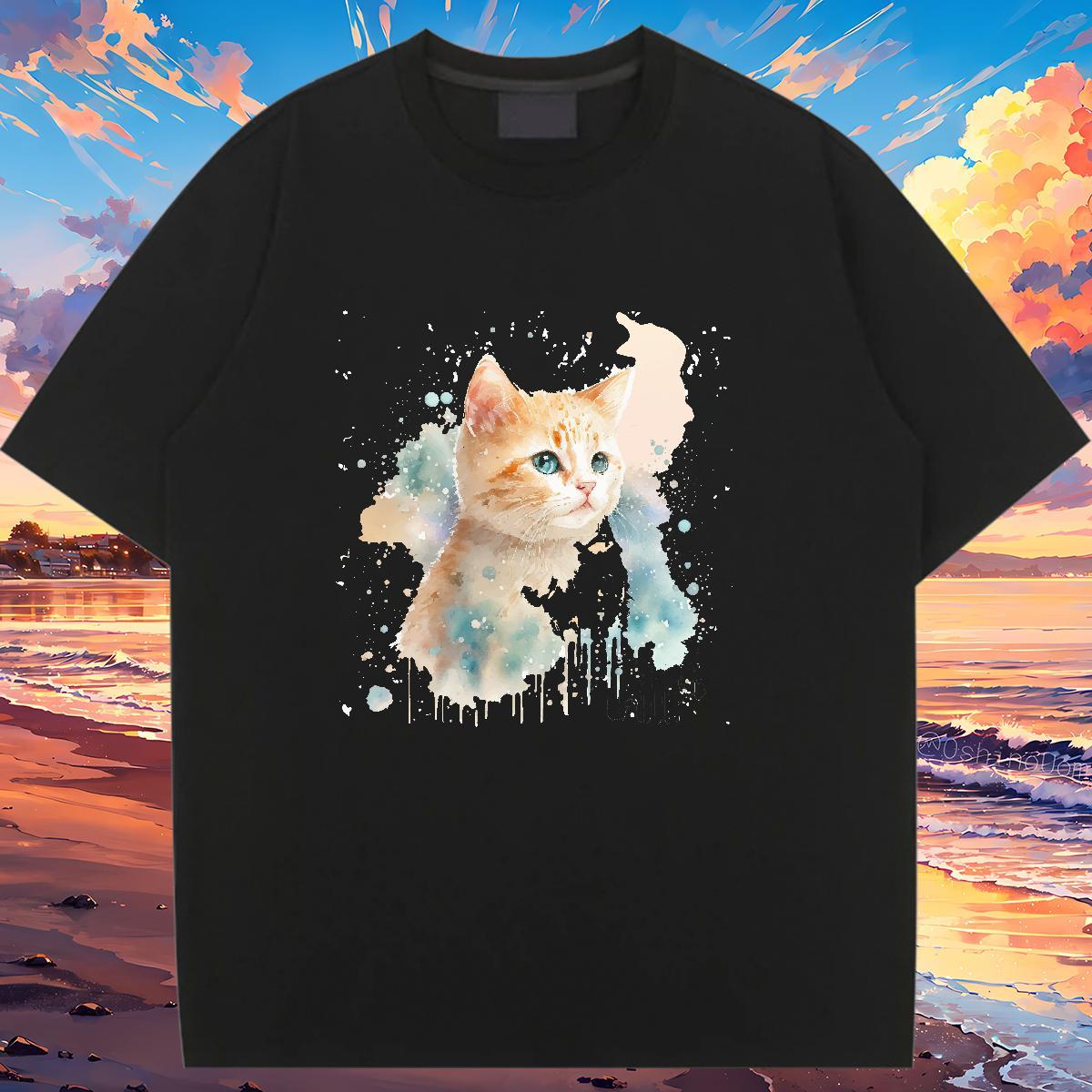 DIY T-Shirts for Women Breathable Short Sleeve 230g Pure Cotton Lady T shirt DIY Printed cat Daily Wear Unisex Clothings