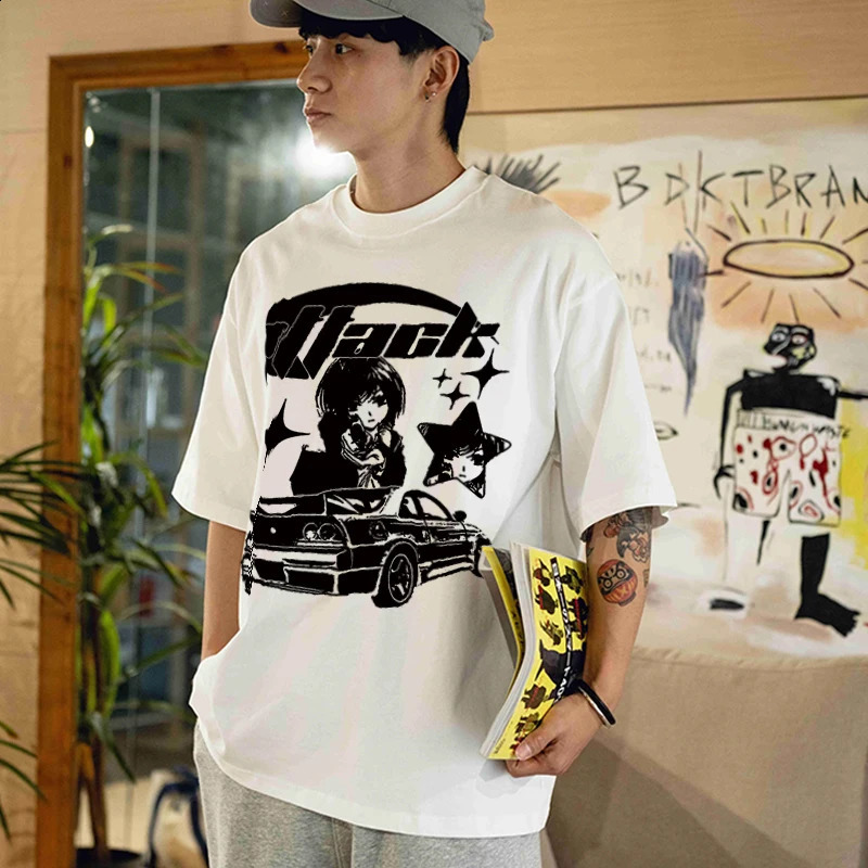 Large mens Tshirt Y2k top pure cotton printed car summer Harajuku street clothing graphite short sleeved retro aesthetic 240822