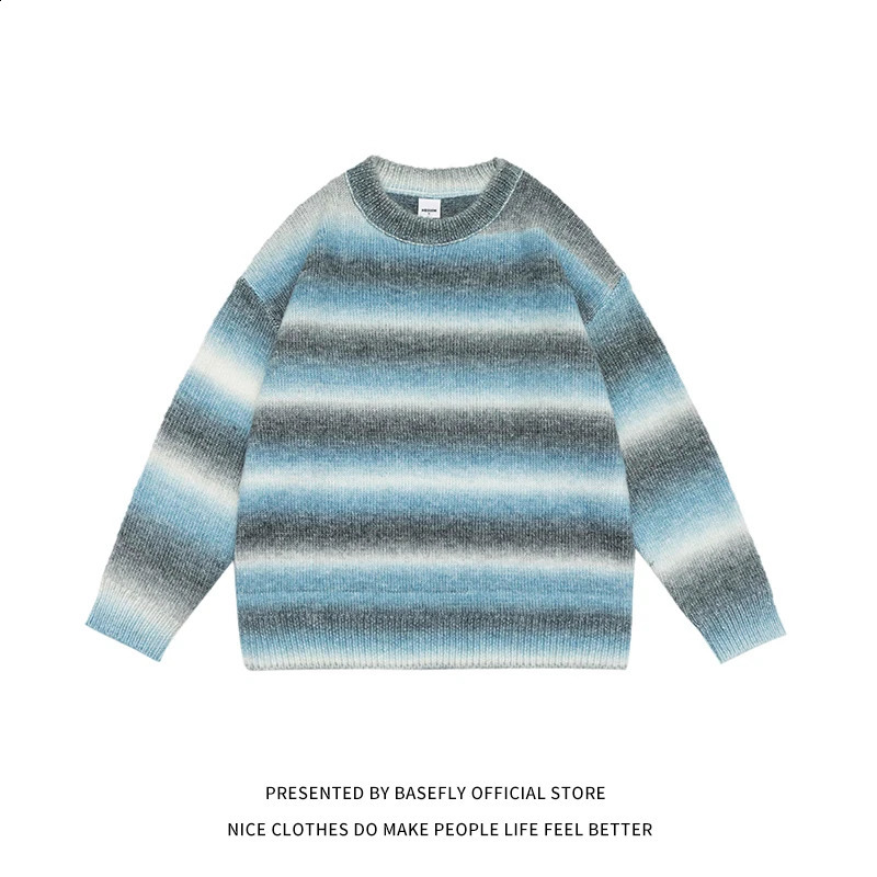 Autumn and winter striped rainbow color chic streetwear mens sweaters unisex couple womens sportswear Pullover casual hiphop 240821