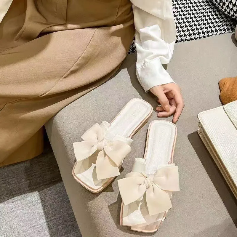 2024 New Bow Slippers for Women's Summer Outwear Fashion Home Flat Bottom Anti slip Fairy Style One line Cool Slippers Soft ecb