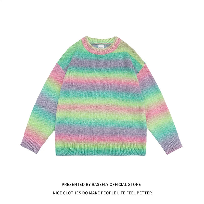 Autumn and winter striped rainbow color chic streetwear mens sweaters unisex couple womens sportswear Pullover casual hiphop 240821
