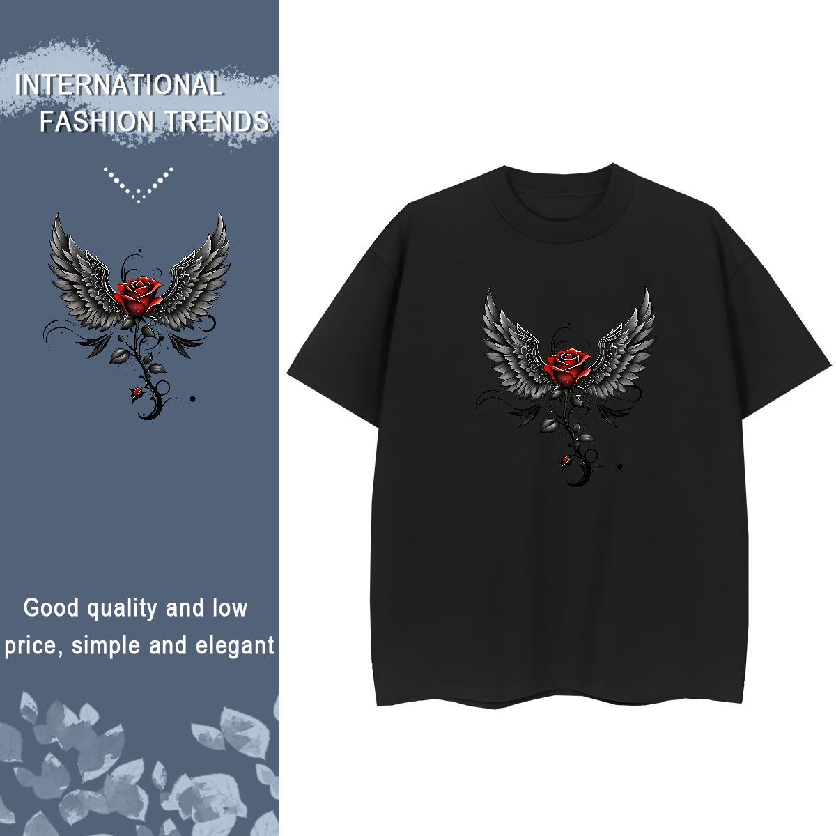 Fashion Casual T-Shirts Crew Neck 230g 100% Cotton Couples T Shirts Floral Print rose Street Lady Polos