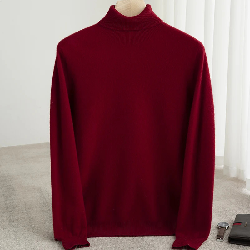 Men 100% Merino Wool Sweater Turtleneck Knitted Pullover Cashmere Warm Solid Color Clothes Business Bottoming Tops Autumn Winter 240821