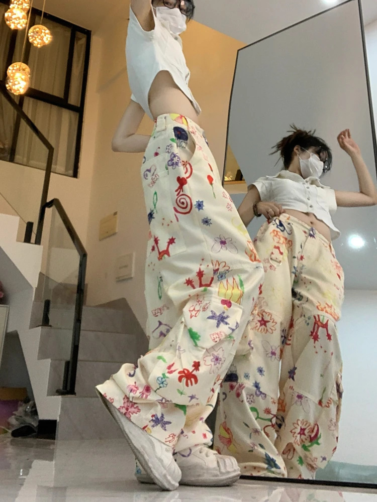 ADAgirl Vintage Baggy Cargo Pants Women Y2k Fashion Straight Flower Pattern Low Waist Casual Sweatpants Hip Hop Slouchy Trousers 240821