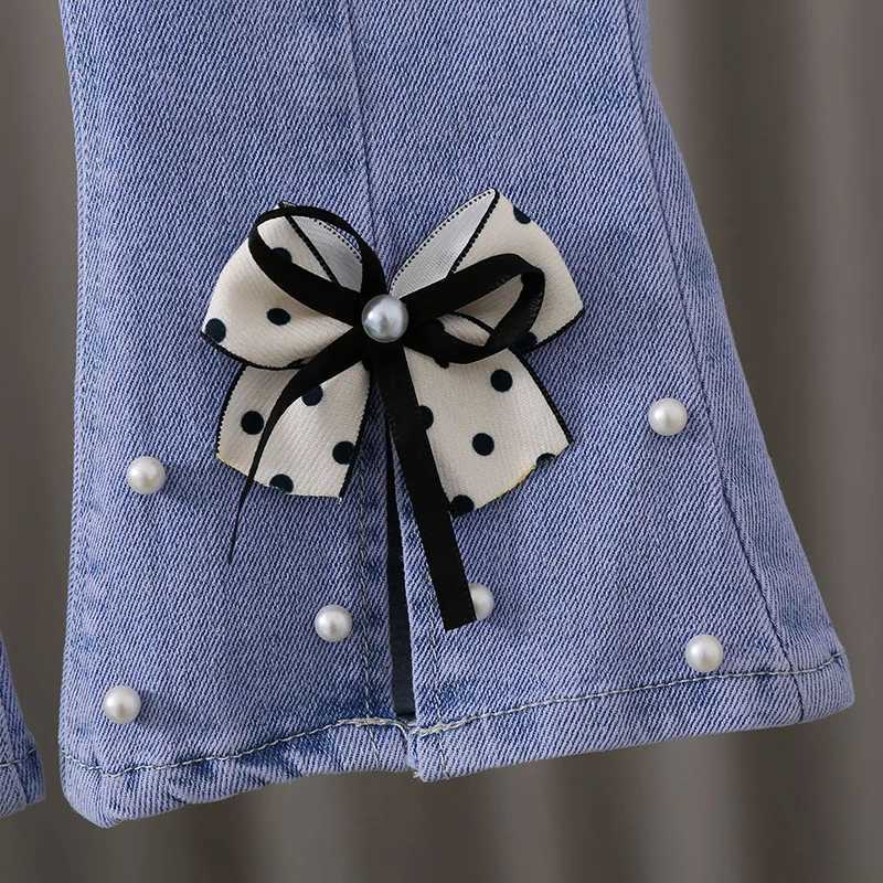 Girls Bowknot Split Pearl Jeans Childrens Flared Jeans 2-6 Years Old Childrens Slim Jeans W241227