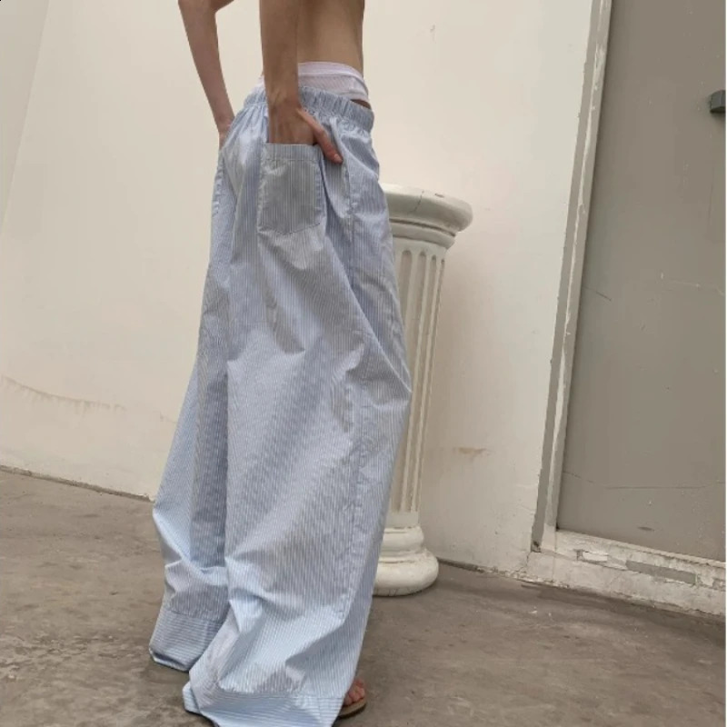 QWEEK Oversized Y2k Striped Womans Pants Baggy Harajuku Old Money Casual Basic Trousers Korean Fashion Wide Leg Elastic Waist 240821
