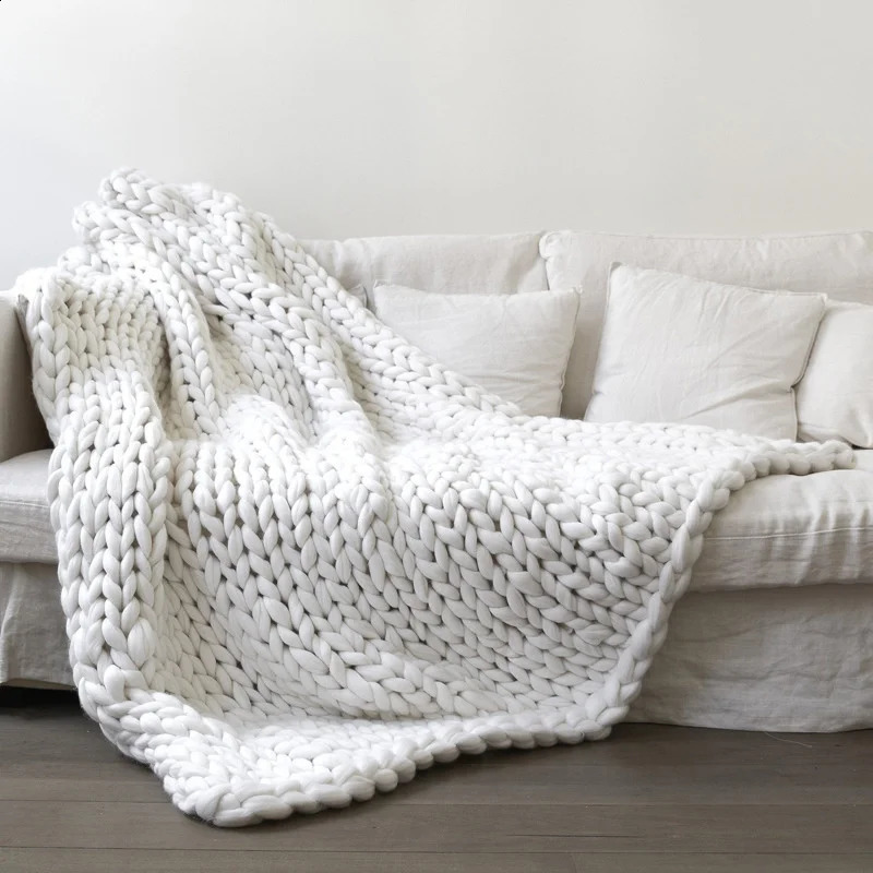 Drop Merino Wool Chunky Knitted Blanket Winter Thick Yarn Bulky Knitting Blankets Handmade Large Big Sofa Bed Blanket 240821