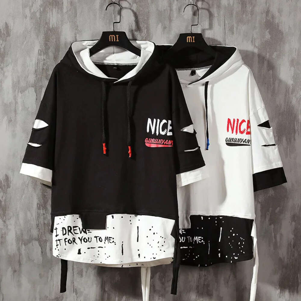 Men Fashion Ribben Hoodie Summer Short Sleeve Men's Hoodies Color Splice Hooded Tshirt Hip Hop Street Sweatshirt