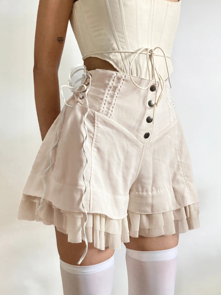 Weekeep Fairycore y2k Ruffles Shorts Cute 2000s Baggy Button Up High Waist Side Bandage Vintage Short Pants Casual Women Outfits 240821