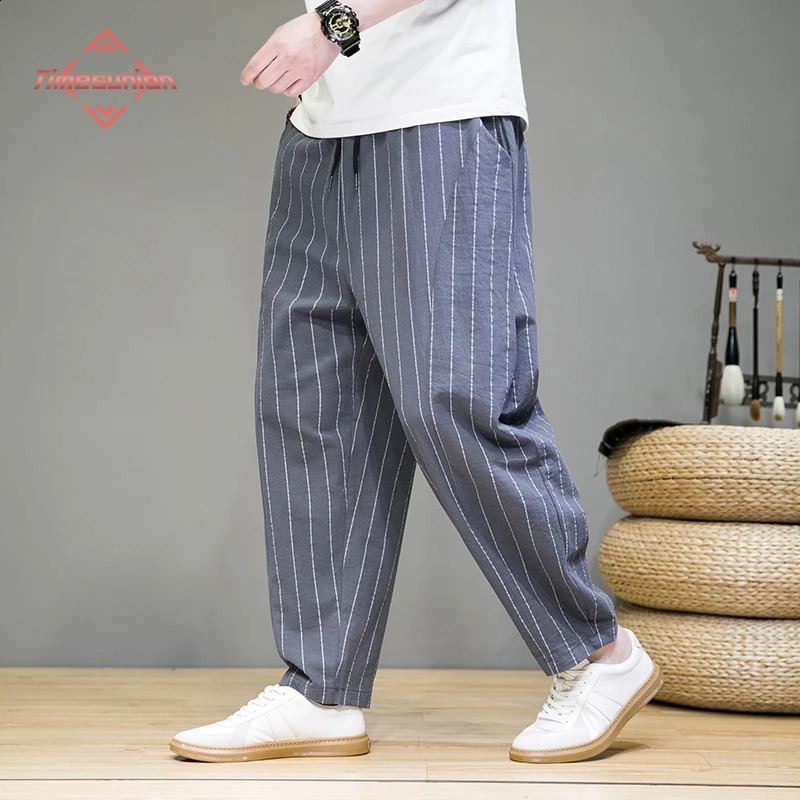 Trendy Striped Casual Pants for Men Loose Cotton Linen Pants Chinese Style Wide Legged Sweatpants Full Length Pant Trousers 240822
