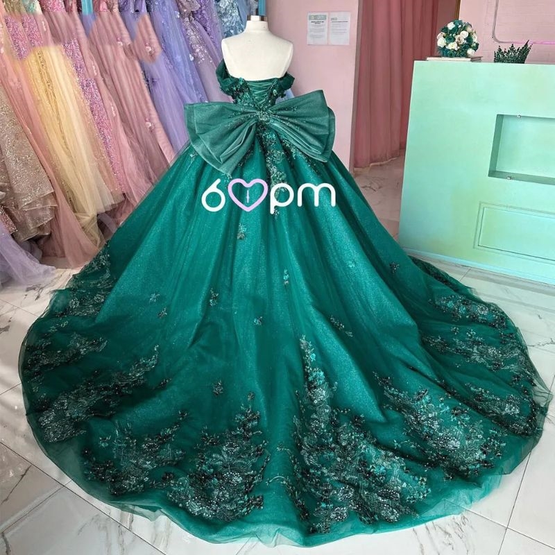 Blackish Green Shiny Off Shoulder Quinceanera Dresses ral Applique Lace Beads Bow Princess Sweet 15Year Old Party Dress