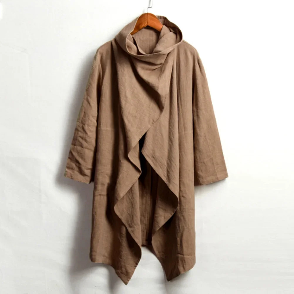 Men Coats Long Sleeve Scarf Collar Trench Ponchos Cotton Outwear Solid Cloak Vintage Irregular Jackets Men Streetwear 240822