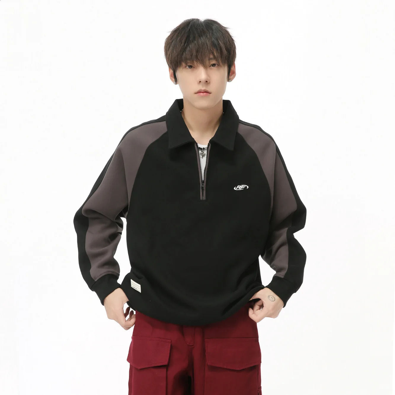 Mens spliced half chain neck conflict sweater American autumn heavy polo 240821