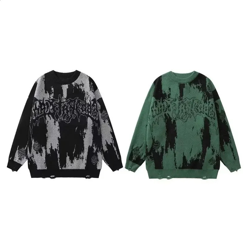Hip Hop Ripped Sweaters Grunge Y2K Vintage Knitted Punk Gothic Streetwear Jumpers Men Women Harajuku Korean Fashion Pullover 240821