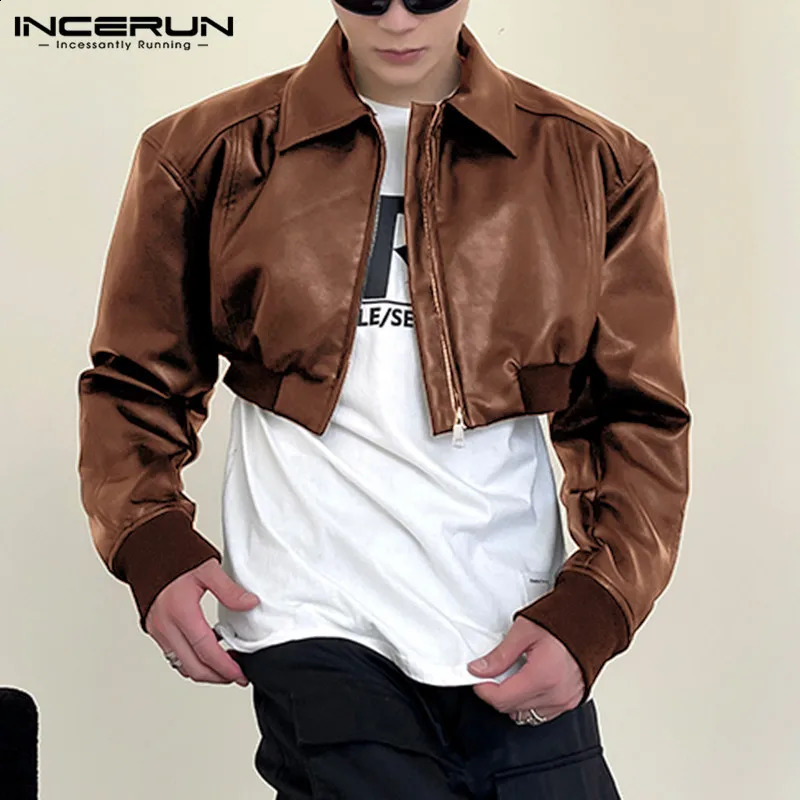 Fashion Men Jackets PU Leather Solid Lapel Long Sleeve Autumn Crop Coats Men Streetwear Zipper Casual Outerwear INCERUN 240821