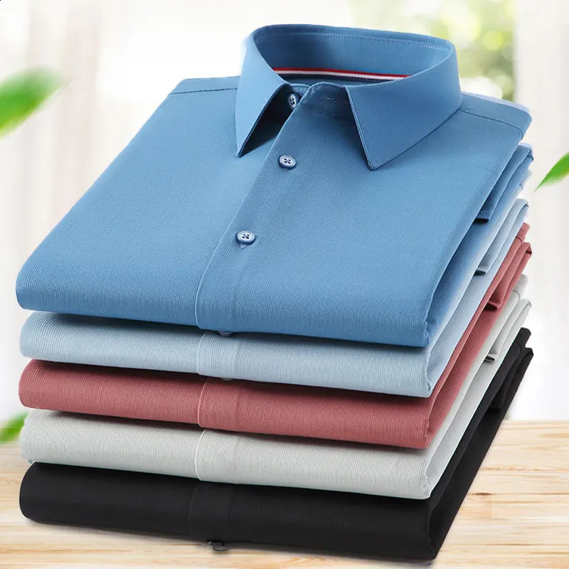 Bamboo fiber mens long sleeve shirt pocket-free solid color anti-wrinkle all-in-one business casual breathable wear free 240822
