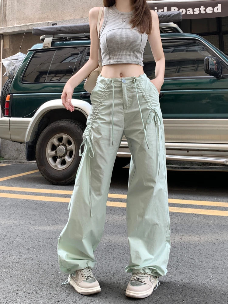 ADAgirl Irregular Drawstring Cargo Parachute Pants Women Y2k Baggy Wide Leg Jogger Korean Fashion Casual Loose Straight Trousers 240821