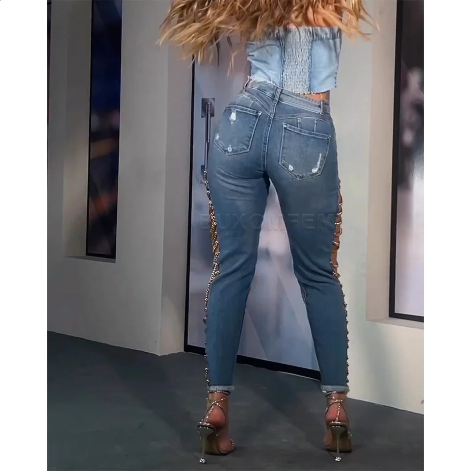 Sexy Skinny Slim Fit High Waist Jeans for Women Trendy Demin Pants Party Peach Button Elastic Sexy Long Skinny Pencil Pants 240821