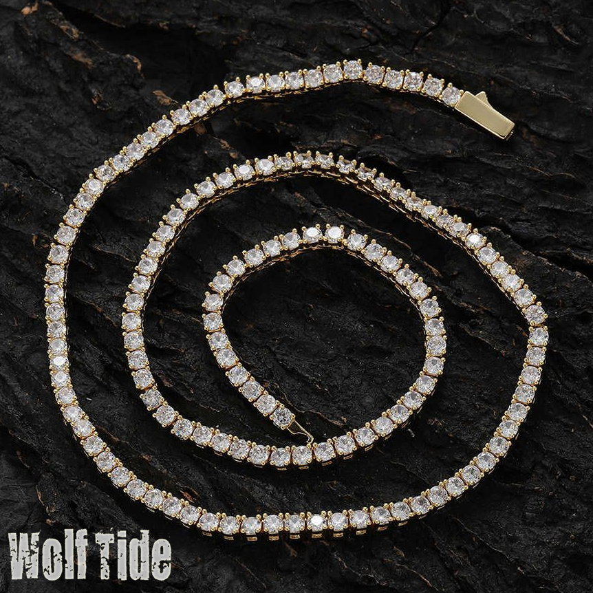 3mm 4mm 5mm Hip Hop Cubic Zircon Single Row Necklace Smooth Spring Buckle Tennis Chains White Gold Bling Cz stone Chain Wolf Tide Rapper Jewelry Bijou