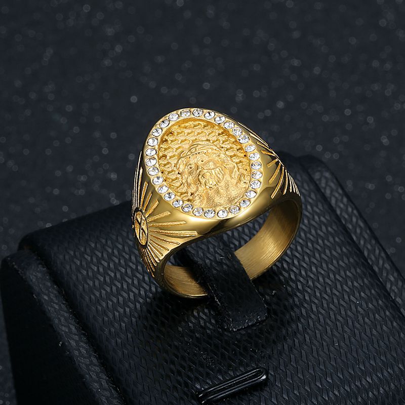 Casting Jesus Face Ring 316L Stainless Steel Gold Plated with Zircon Jewelry