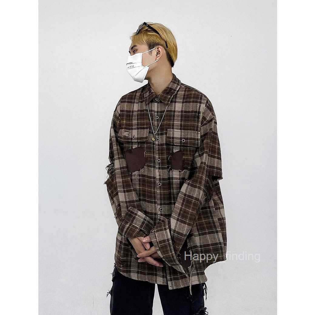 American Plaid Shirt Mens Spring and Autumn New China-chic Design Patch Hole Shirt Coat