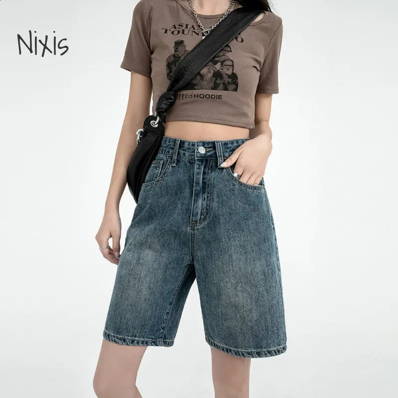 Retro Denim Shorts for Women Summer High Waist Five-point Pants Loose Straight A-line Half Pants Korean Style Clothing 240821