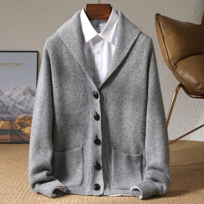 Autumn and winter 100% pure cashmere knit cardigan mens anti-collar solid color padded sweater with business and leisure co 240821