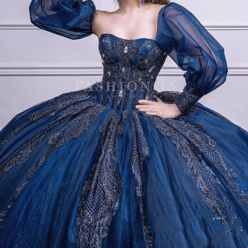 Navy Blue Shiny Ball Gown Quinceanera Dresses Appliques Lace Beads Crystal Off The Shoulder Ruffles Corset Vestidos De 15 Anos Sweet 16 Dress