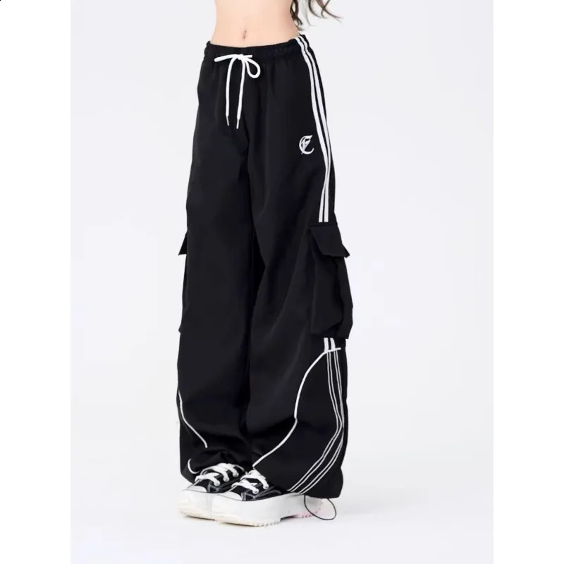 Deeptown Y2K Black Striped Women Cargo Pants Korean Fashion Wide Leg Baggy Trousers Streetwear Autunm Harajuku Hip Hop Oversized 240821