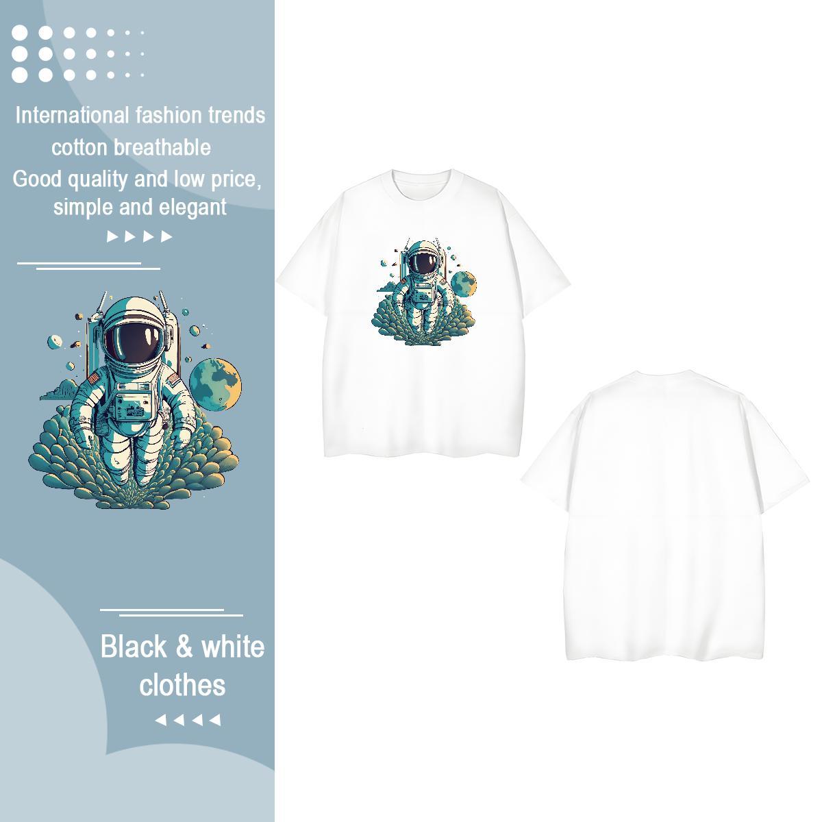 Classic T-Shirts O-Neck Short Sleeve 230g Pure Cotton Woman Tshirt White Plus Size spaceman Street Wear Soft Tees Shirts