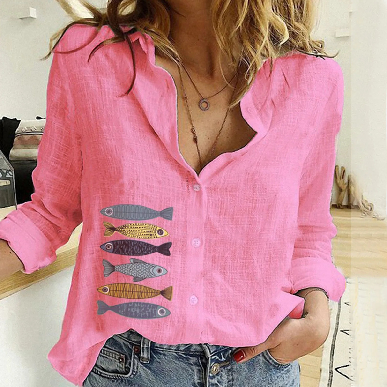 Womens fashionable long sleeved lapel shirt solid color Vneck breathable straight leg summer workplace top 240822