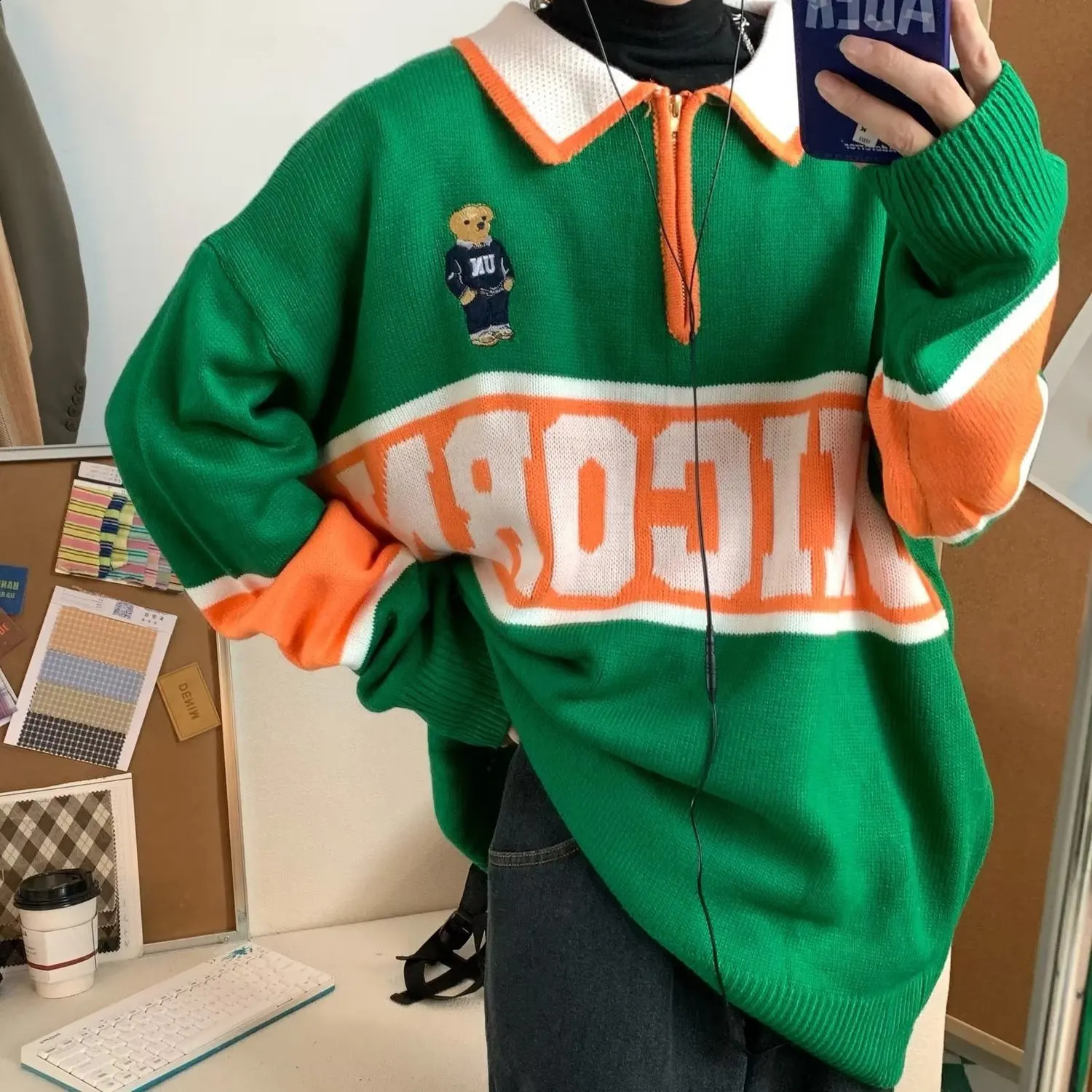 Y2k cartoon bear letter embroidered polo sweater suitable for autumn and winter loose retro half zipper knitted fabric 240821