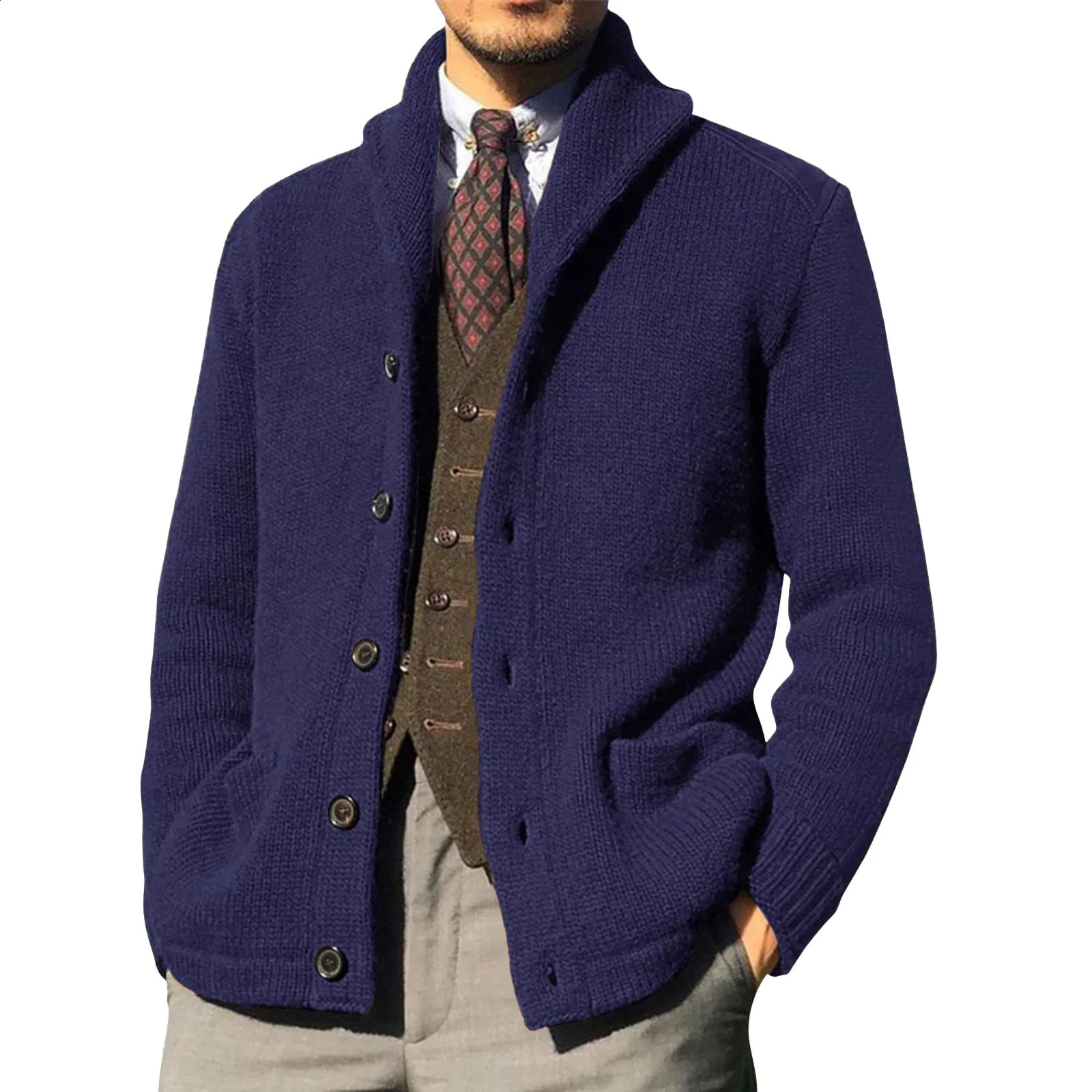 Mens Knitted Sweater with Collar Long Sleeve Thick Open Wool AutumnWinter Solid Button Warm 240821