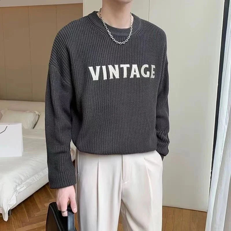 Knitted sweater mens round neck business clothing staff collar graphite floral winter cotton elegant street shirt 240821