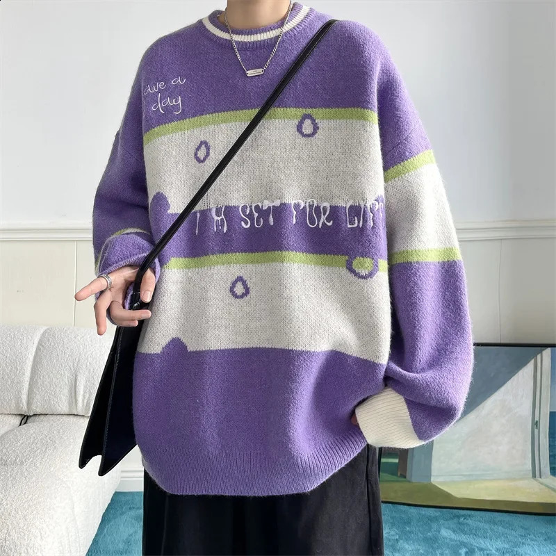 Contrasting Stripe Sweater Mens Autumn/Winter Korean Slouchy Style Large Loose Laydown Round Neck Knit 240821