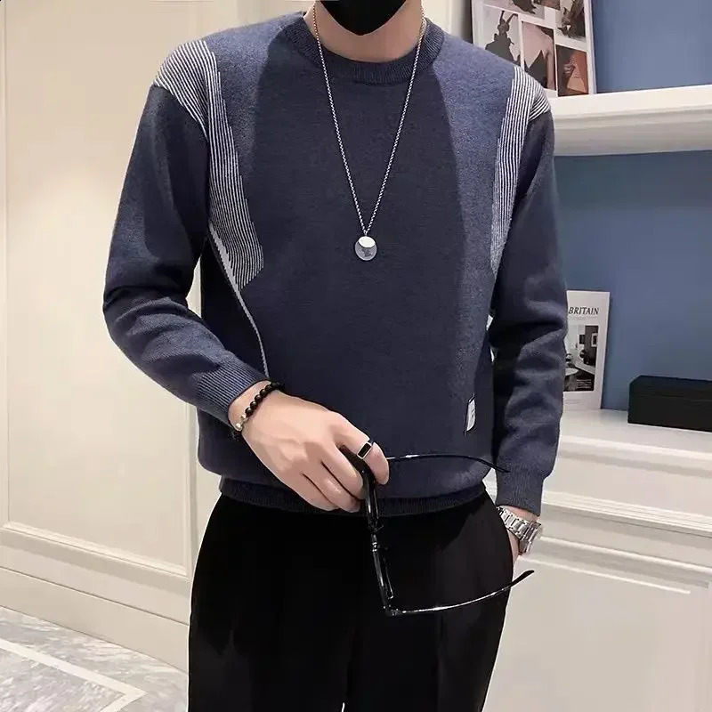 Mens knitted sweater striped round neck mens clothing latte icon blue Crewneck Maltry Spring Autumn Order Sweater X 240821