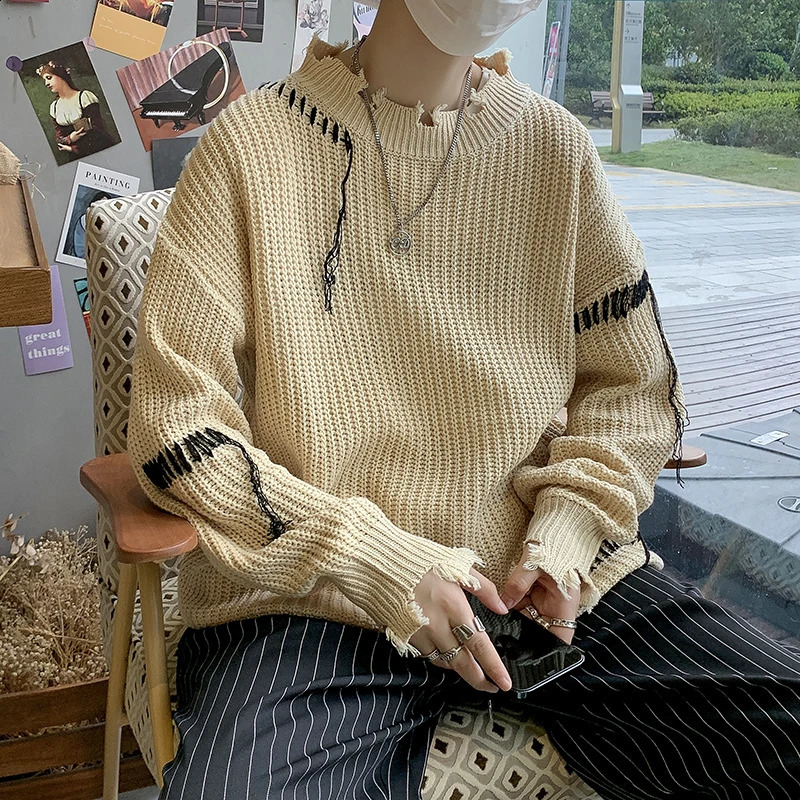 Men Autumn Winter Long Sleeve Sweater Top Mens Fringe Tassel Warm Knitted Tops Male Ripped Loose Pullovers S176 240821