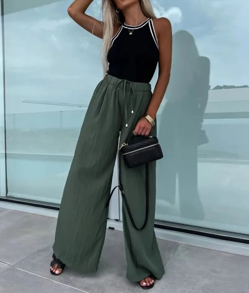 Womens Y2K Casual Solid Pants Drawstring Elastic Waist Loose Straight Long Trousers with Pockets Streetwear 240821