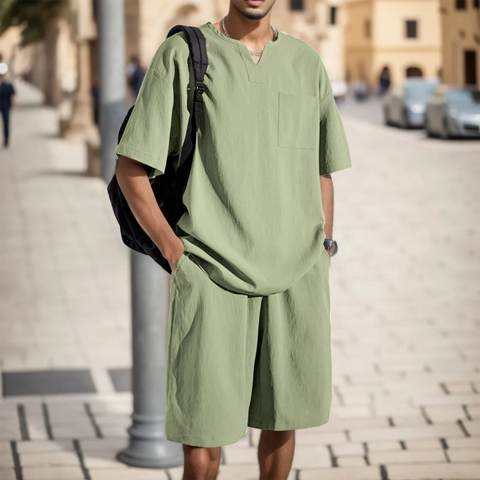 Mens casual suit style with loose ice silk sportswear family clothing twopiece set summer mens 240822