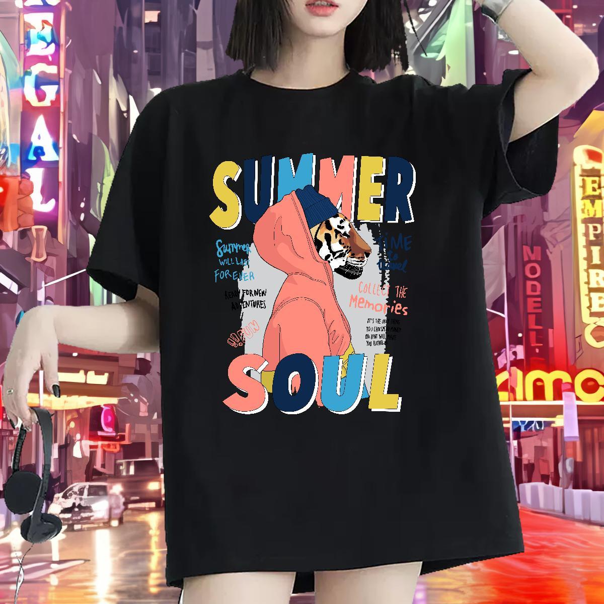 2024 DIY T Shirts Women Round Neck Short Sleeve 100% Cotton 230g Tshirt for Man Woman Custom Cartoon tiger Casual 5A Clothes Shirt