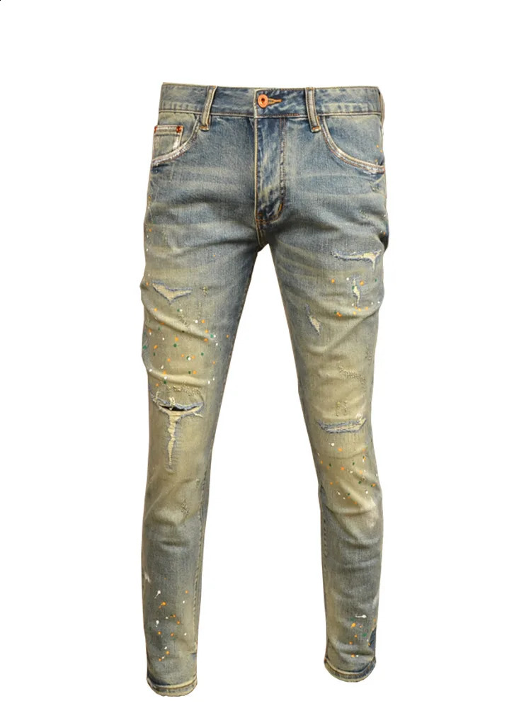 Retro style open top jeans for men in spring and autumn fashion ultra-thin street style Pu Shuai spray painted tight Tappered pants 240821
