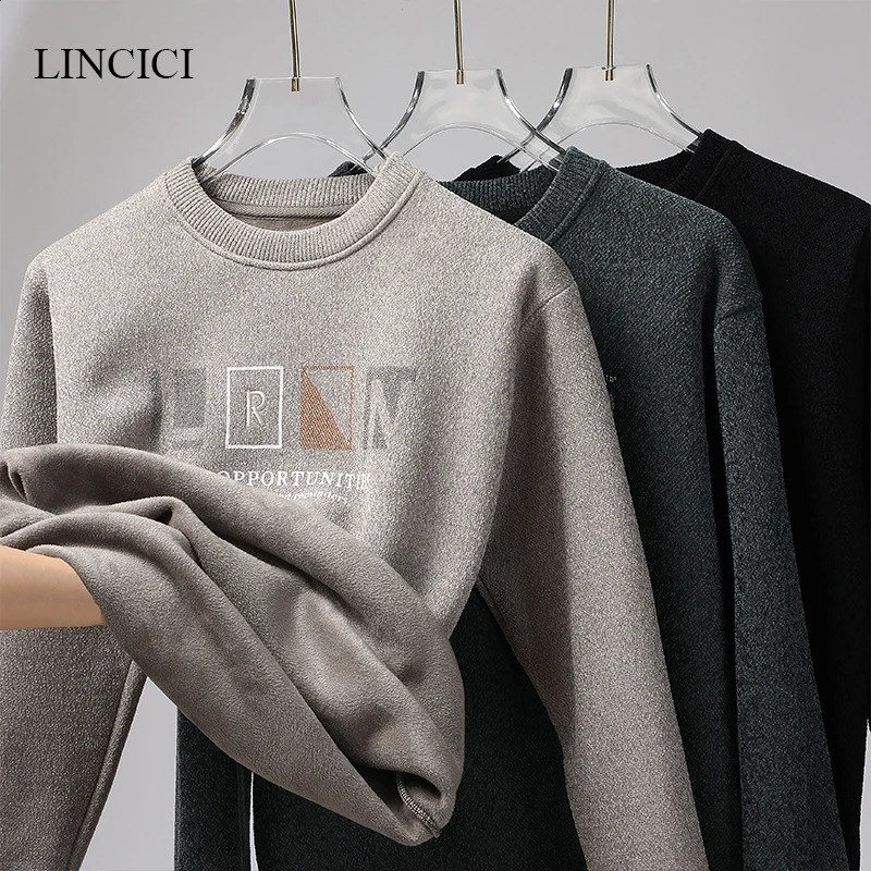 Autumn/Winter Mens Sweater with Thick Velvet for Warmth Round Neck Embroidered Alphabet Color Blocked Knitted Inner Base 240821