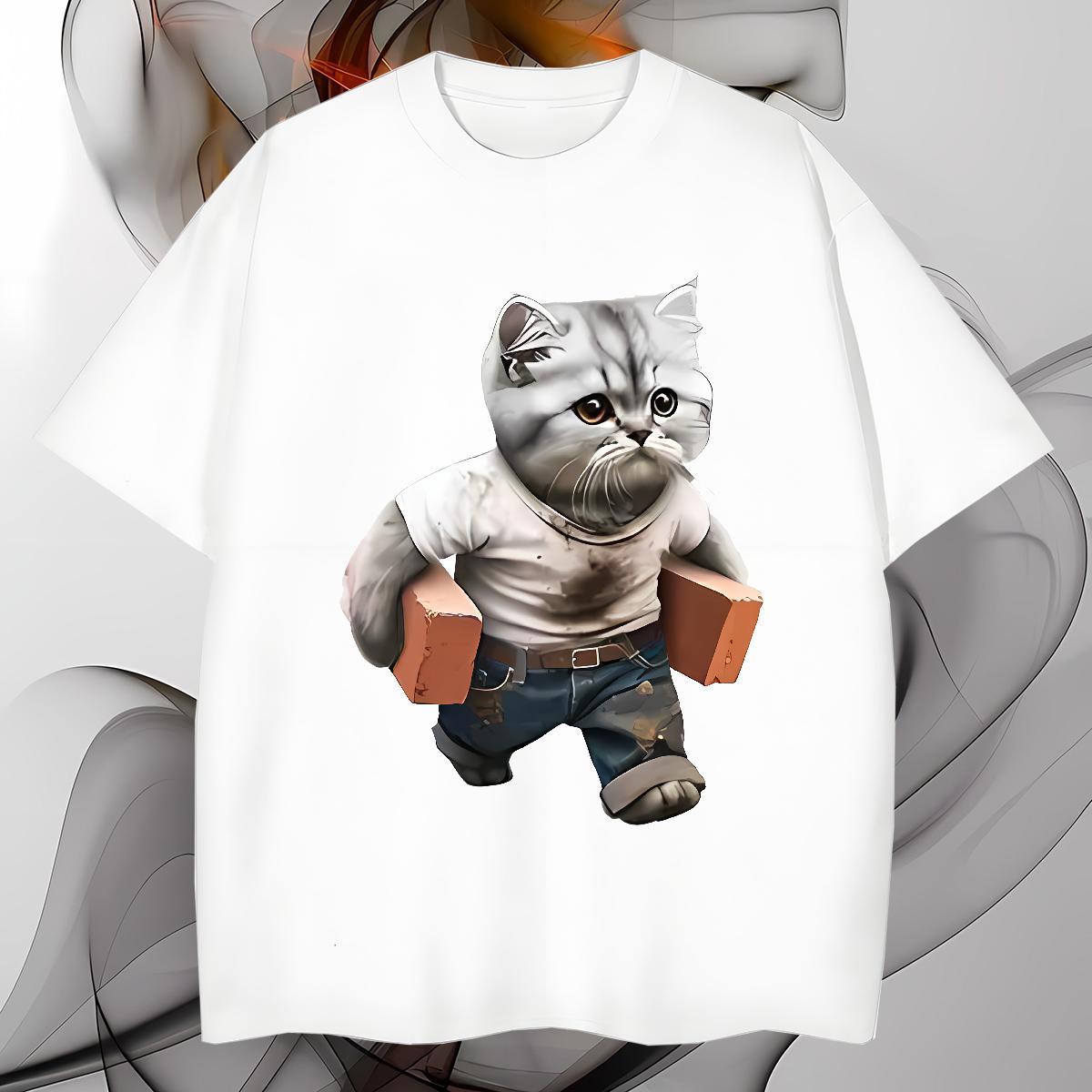 Cool T-Shirts for Men cat O-Neck Short Sleeve Casual DIY Anime 230g Pure Cotton Mens Tshirts Casual New Tees