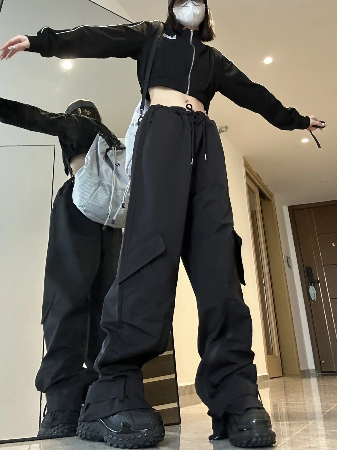 QWEEK Baggy Techwear Cargo Pants Women Y2k Streetwear Hip Hop Pantalones Mujer Summer Grey Black Casual Wide Leg Trousers 240821