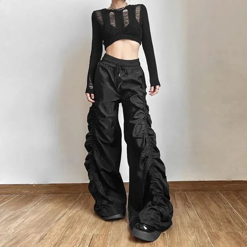 Y2K n Folds Wide Leg Trousers Women Gothic High Waist Drawstring Full Pants Fashion Baggy Casual Black Streetwear Clothes 240821