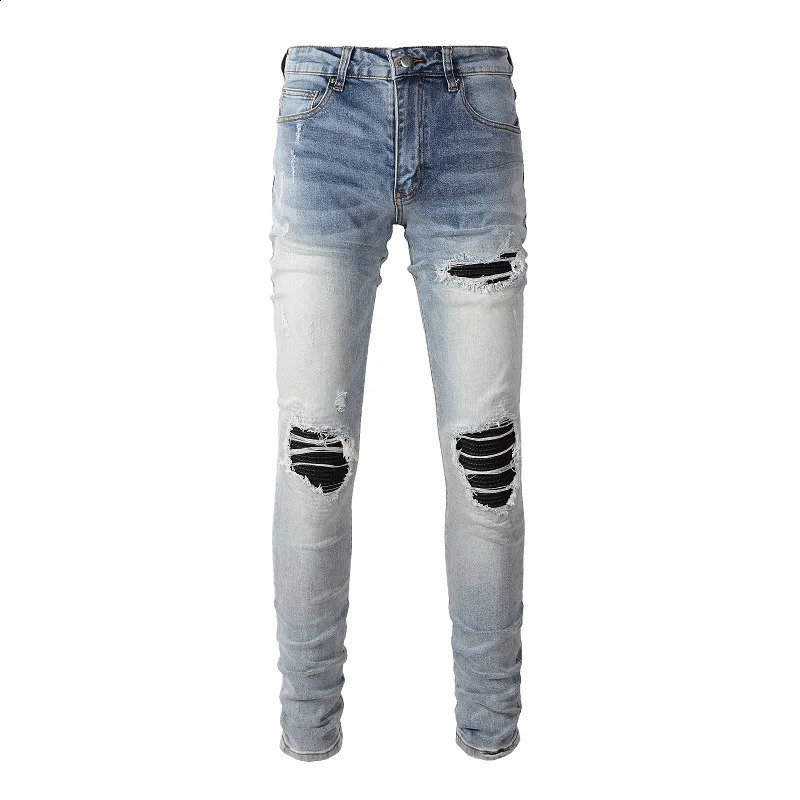 Men Leather Patches Denim Jeans Streetwear Holes Ripped High Stretch Pants Light Blue Skinny Tapered Trousers 240821